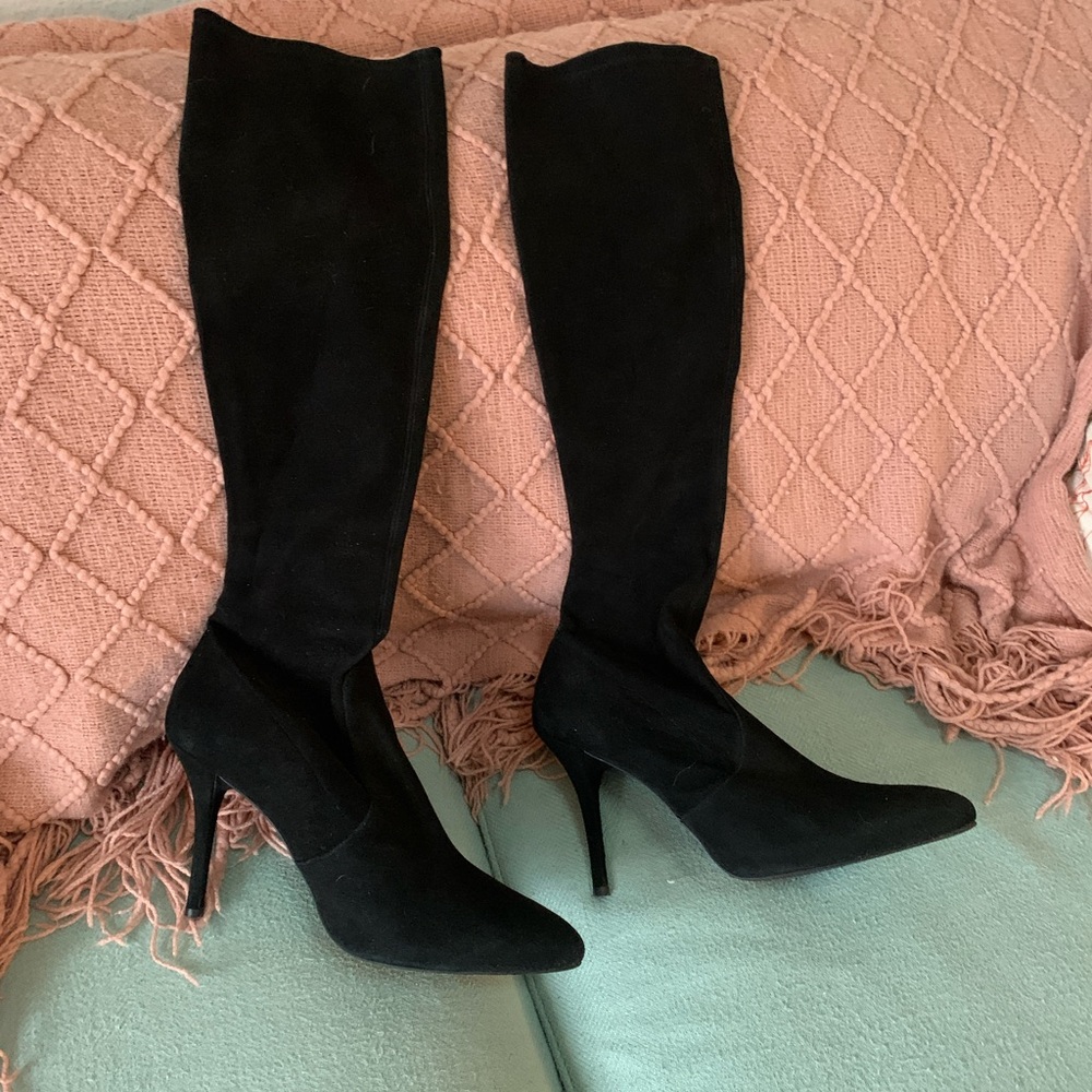 Stuart Weitzman Black Suede Knee-High Stiletto Boots